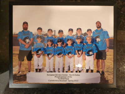 European Service Center North Dallas sponsoring the 7U Wolf Pack youth baseball team, Corinth Area Baseball Spring 2022 group photo.